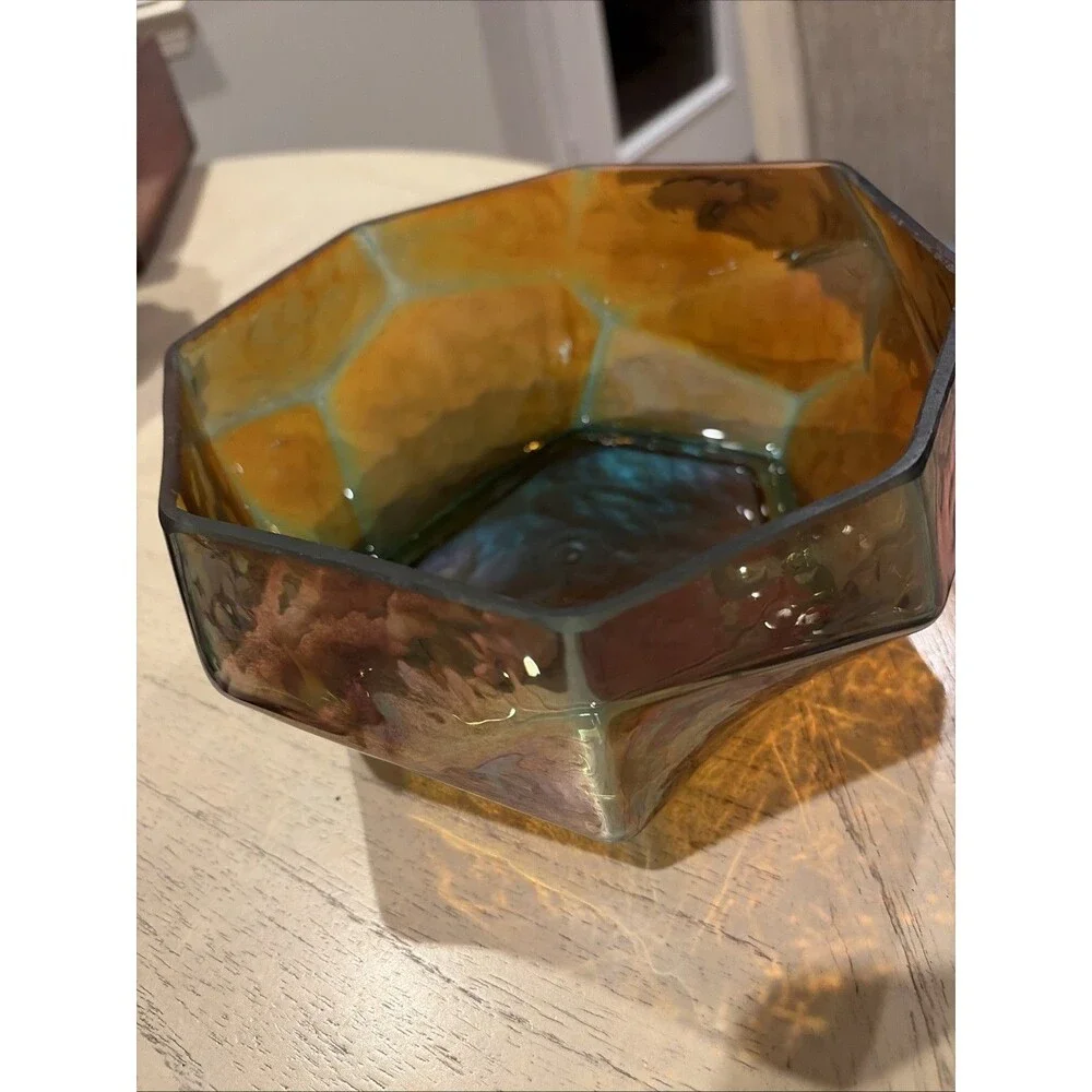 Pier One Iridescent Angles Teal Glass Vase 8